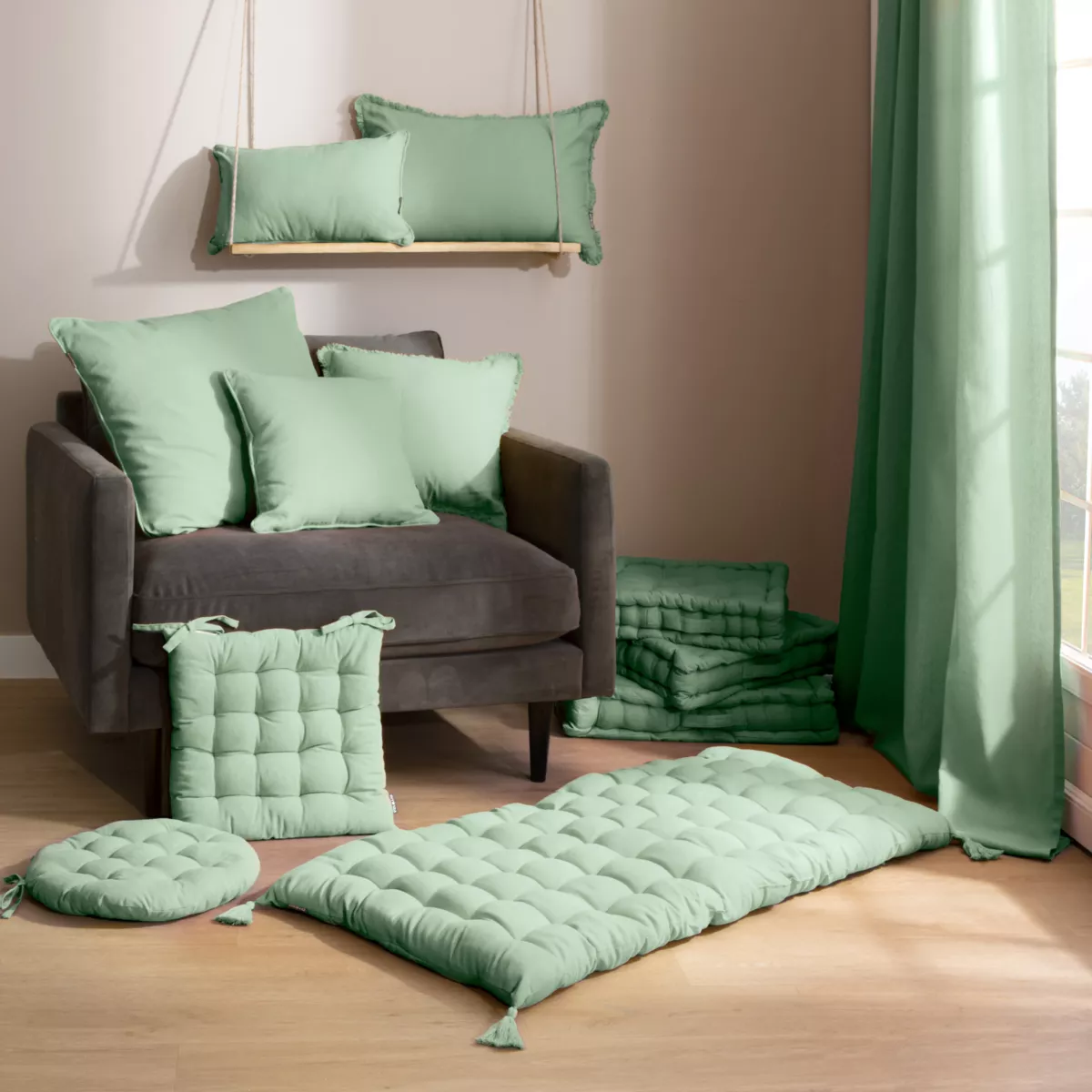 Coussin rectangulaire coton (40 x 60 cm) Pixel franges Vert menthe