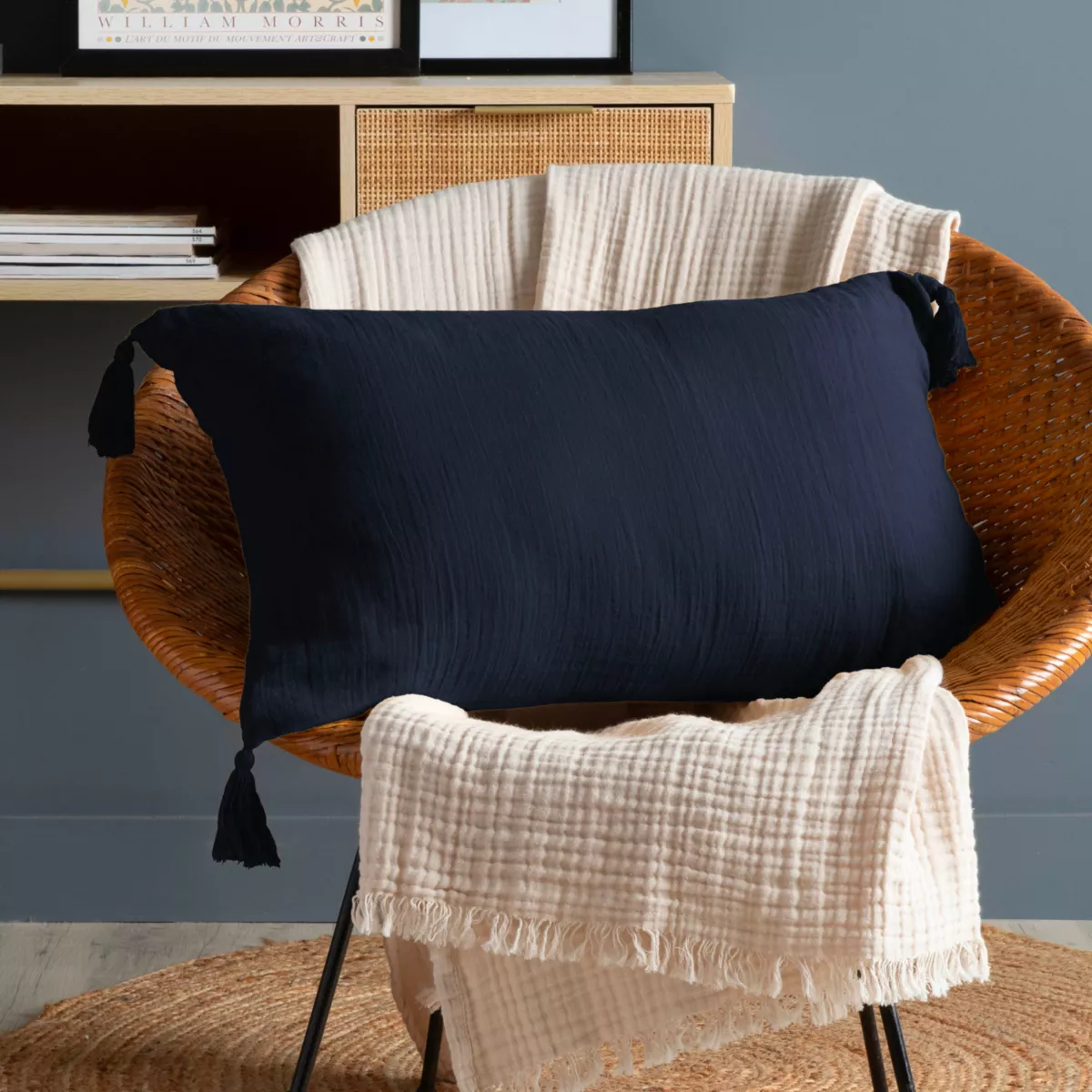 Coussin rectangulaire gaze de coton (40 x 60 cm) Gaïa Bleu nuit