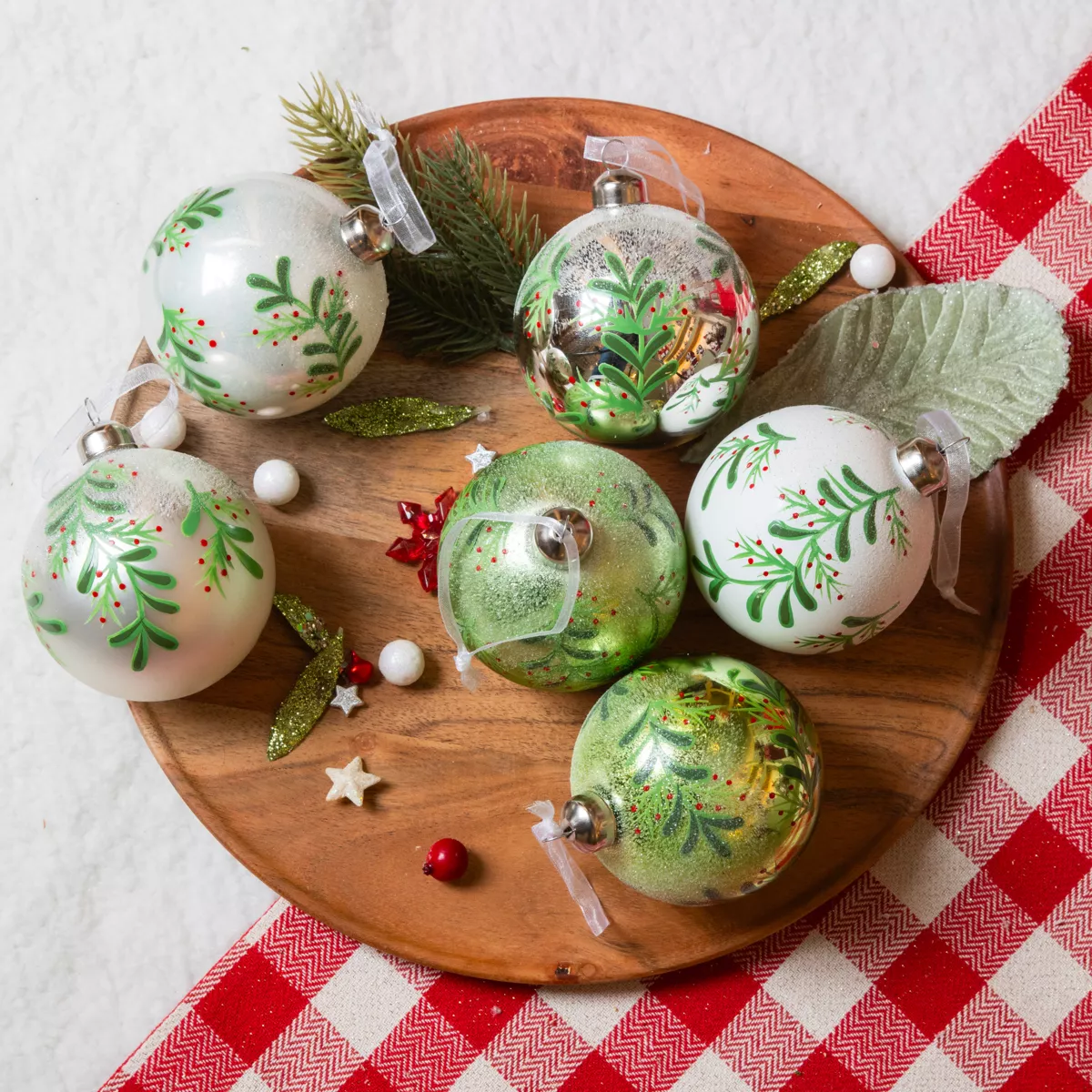 Lot de 6 boules de Noël en verre (D80 mm) Feuilles de Houx Vert