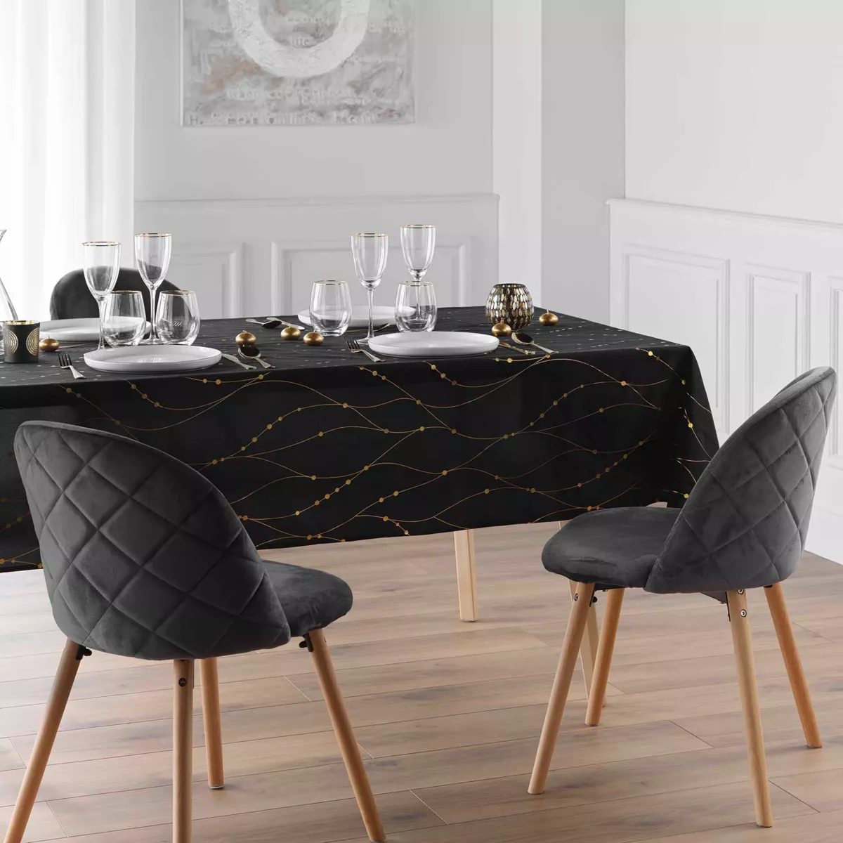 Tovaglia di Natale rettangolare anti macchia (140 x 240 cm) Firmament Nero e dorato
