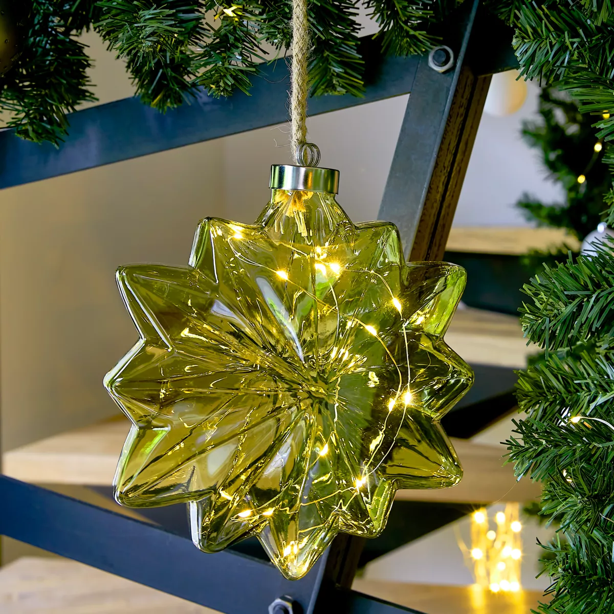Fiore luminoso in vetro a pile 15 LED (D19 cm) Glassato Tè verde