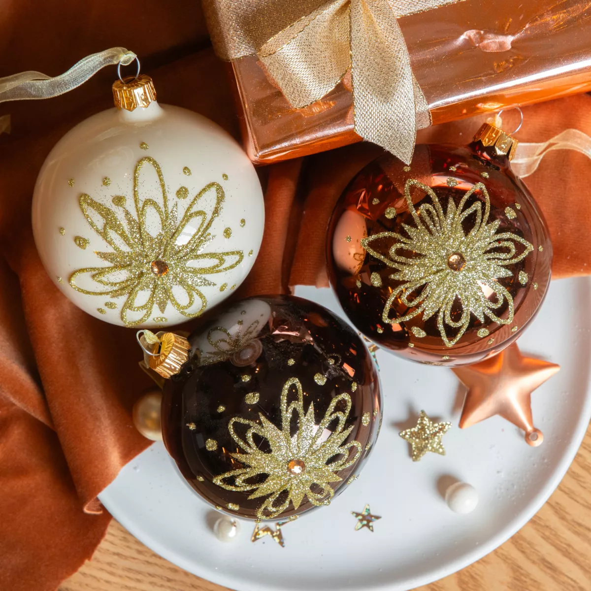 Set di 6 palline di Natale in vetro (D80 mm) Petali dorati Nero tartufo