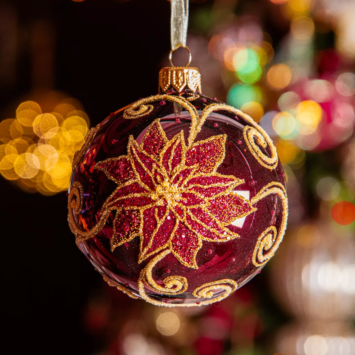 Lot de 6 boules de Noël en verre (D80 mm) Poinsettia Bordeaux