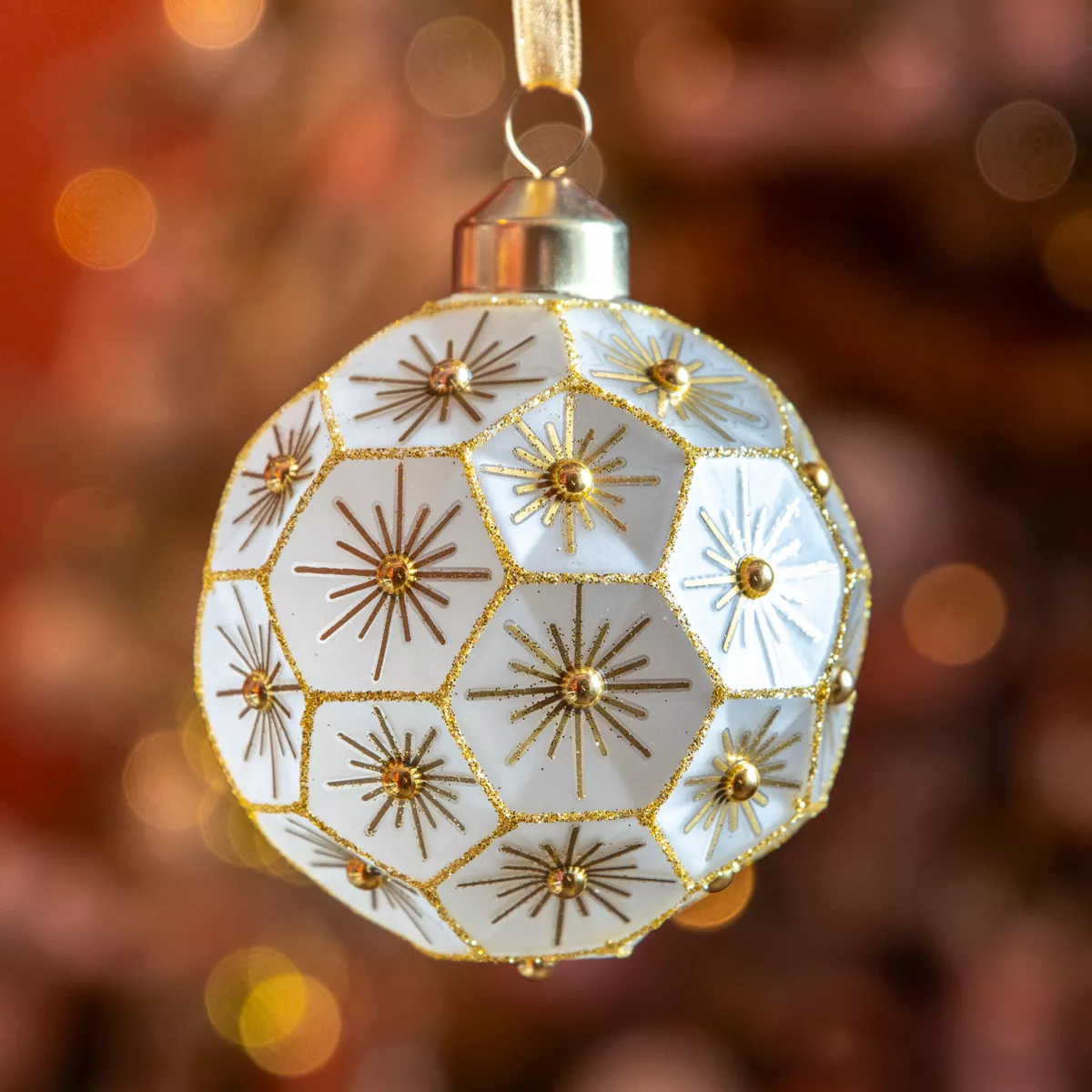  Lot de 3 boules de Noël en verre (D80 mm) Hexagonal doré et irisé