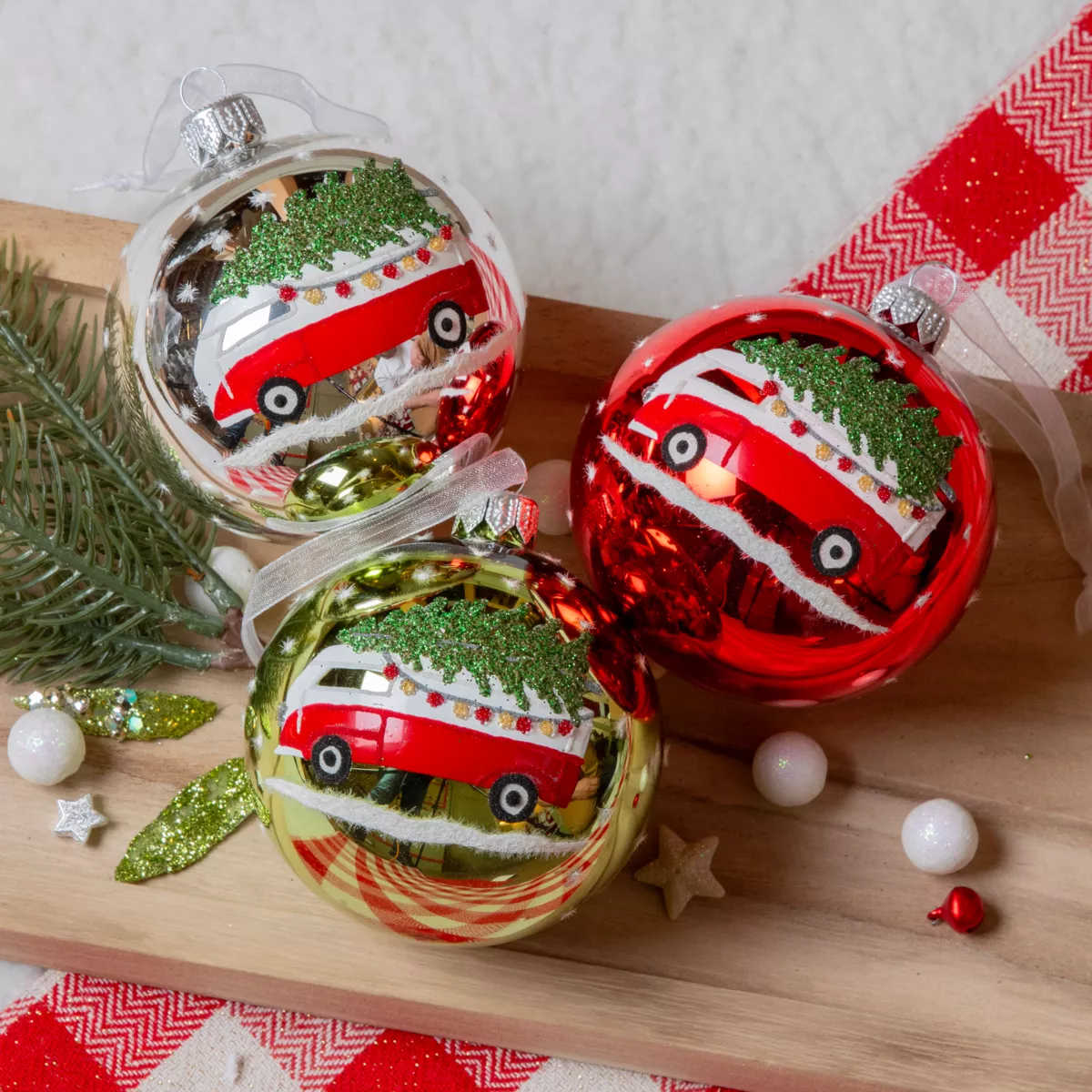 Set di 6 palline di Natale in vetro (D80 mm) Mini bus e Alberi di Natale