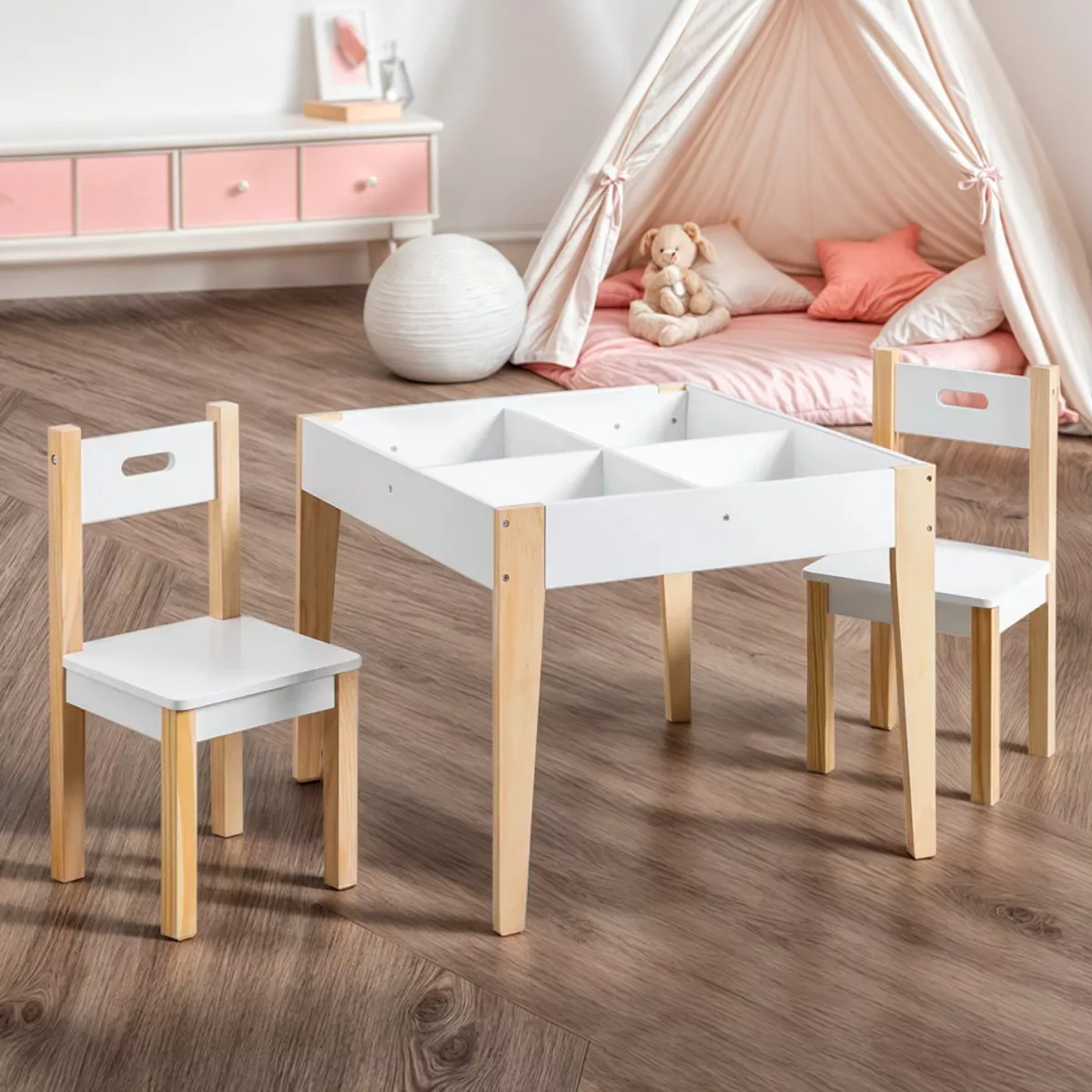 Tisch und 2 Kinderstühle Holz Tafel (H49,5 cm) Charlie Weiß
