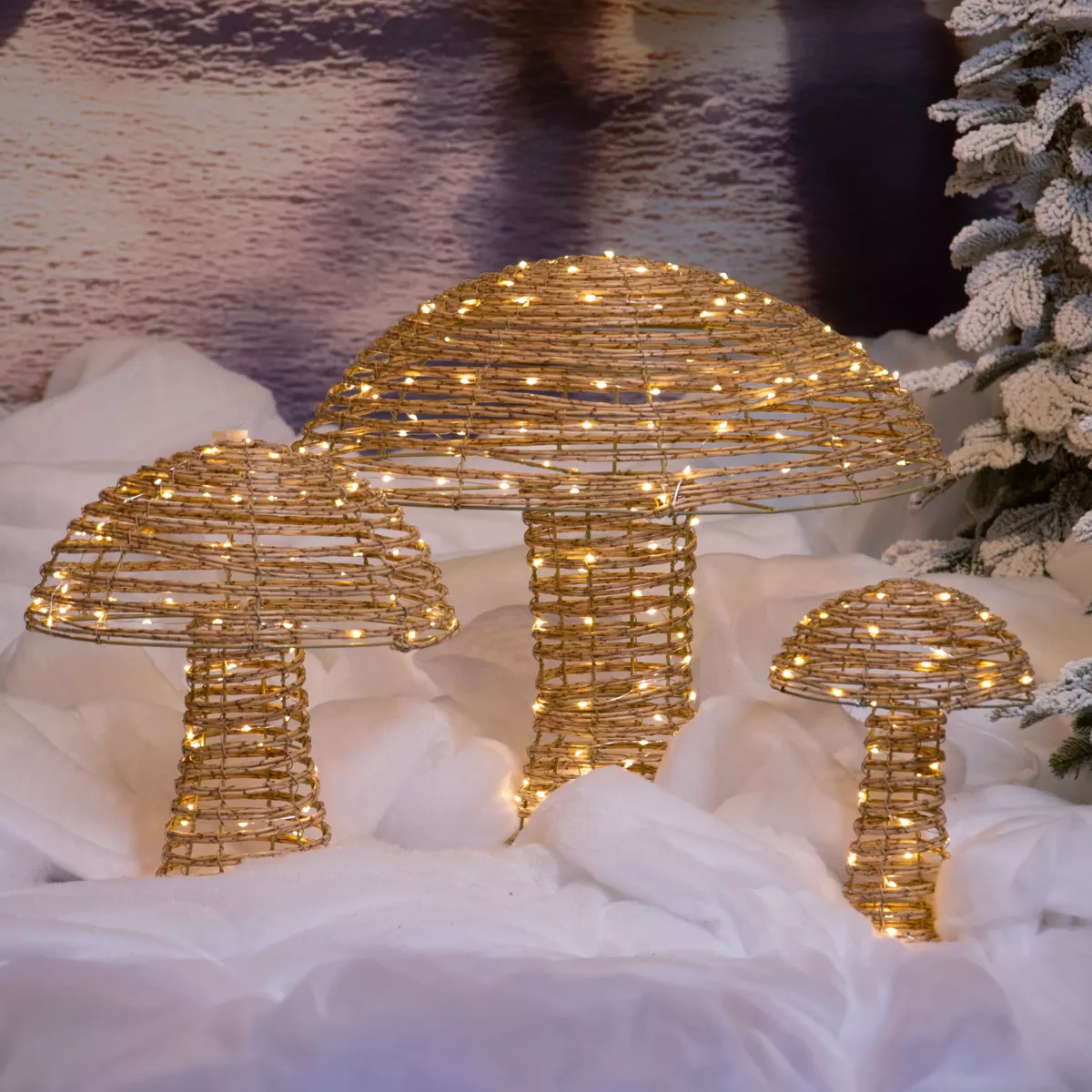 3er Set beleuchtete Pilze 270 Micro LED (H45 cm) geflochtenes Kunstharz Naturfarben/Warmweiß