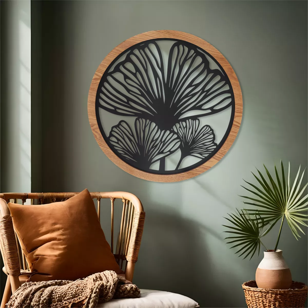 Runde Wanddekoration Metall (D60 cm) Ginkgo Schwarz