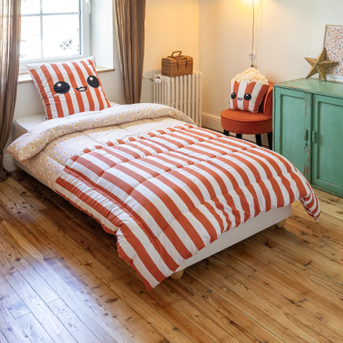 Gedrukte kinderdekbed en een kussensloop (140 x 200 cm) Fresh popcorn Rood