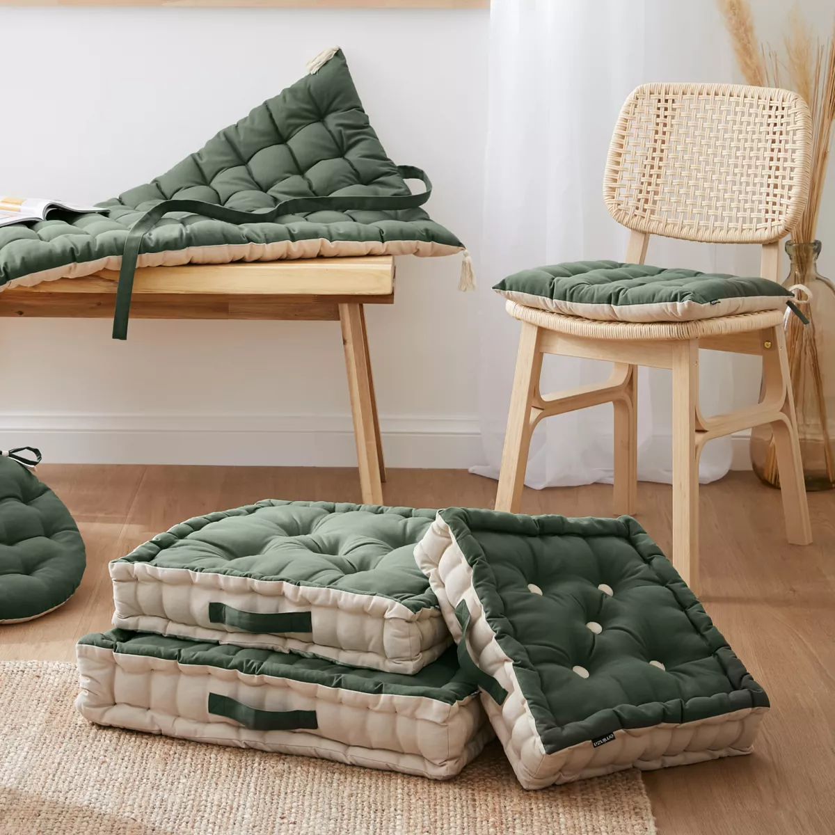 Galette de chaise carrée coton (40 x 40 cm) Pixel Bicolore Vert kaki / beige