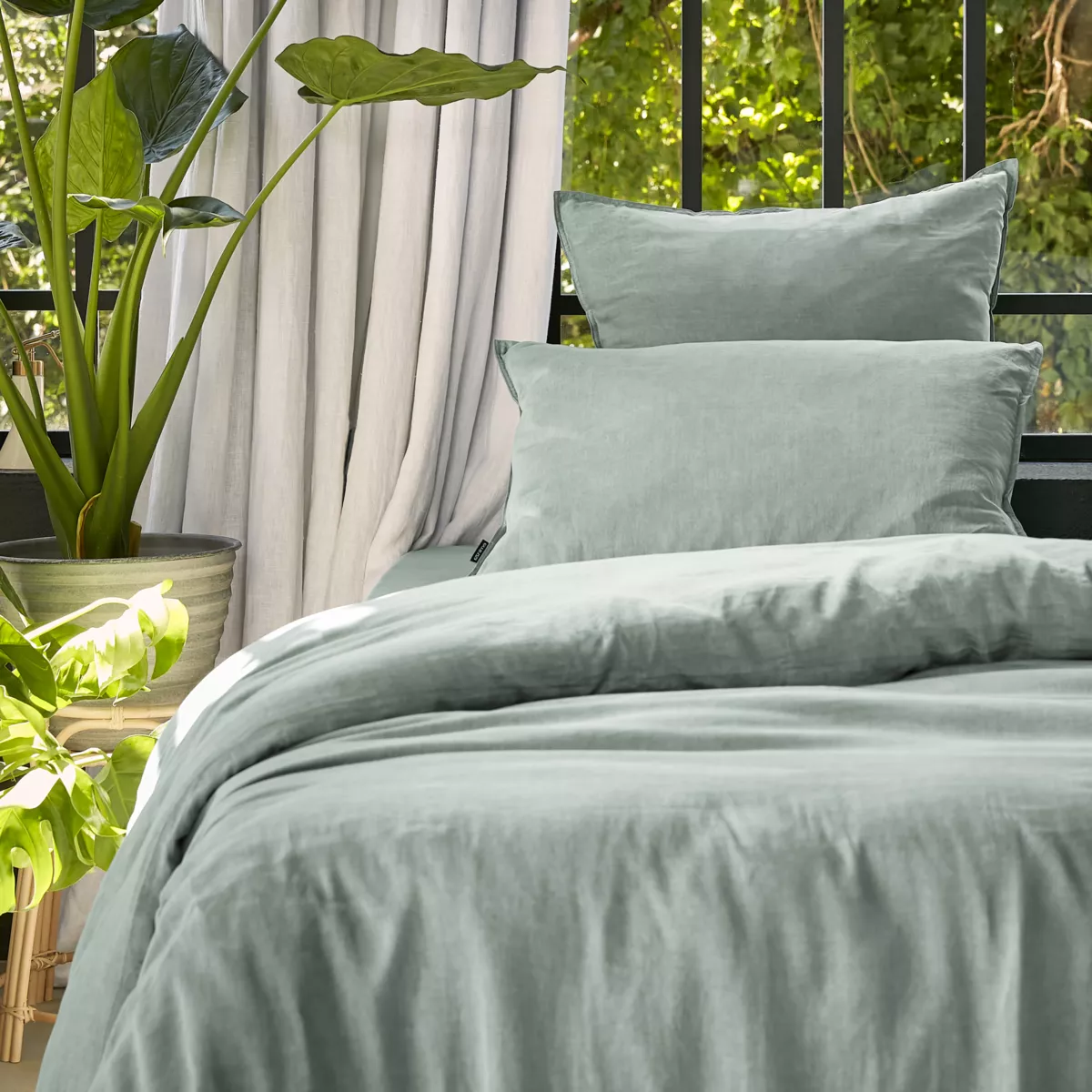 Housse de couette lyocell Tencel™ lavé (140 x 200 cm) Olivia Vert eucalyptus