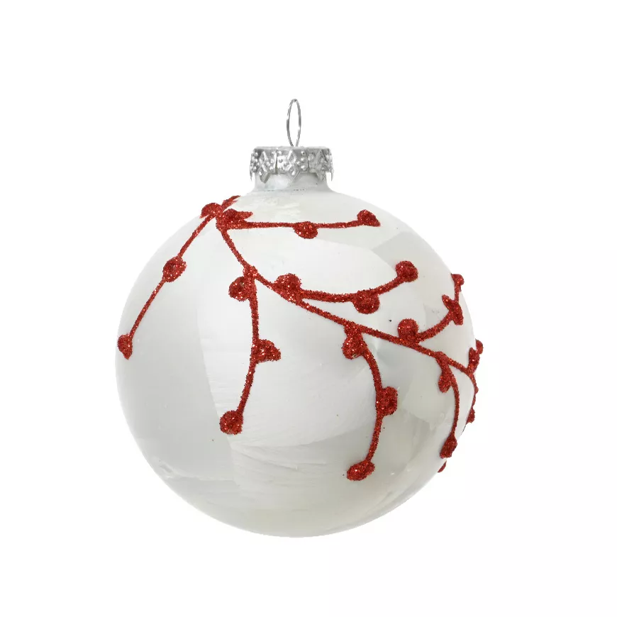 Lot de 3 boules de Noël en verre (D80 mm) Flocons et baies Blanc