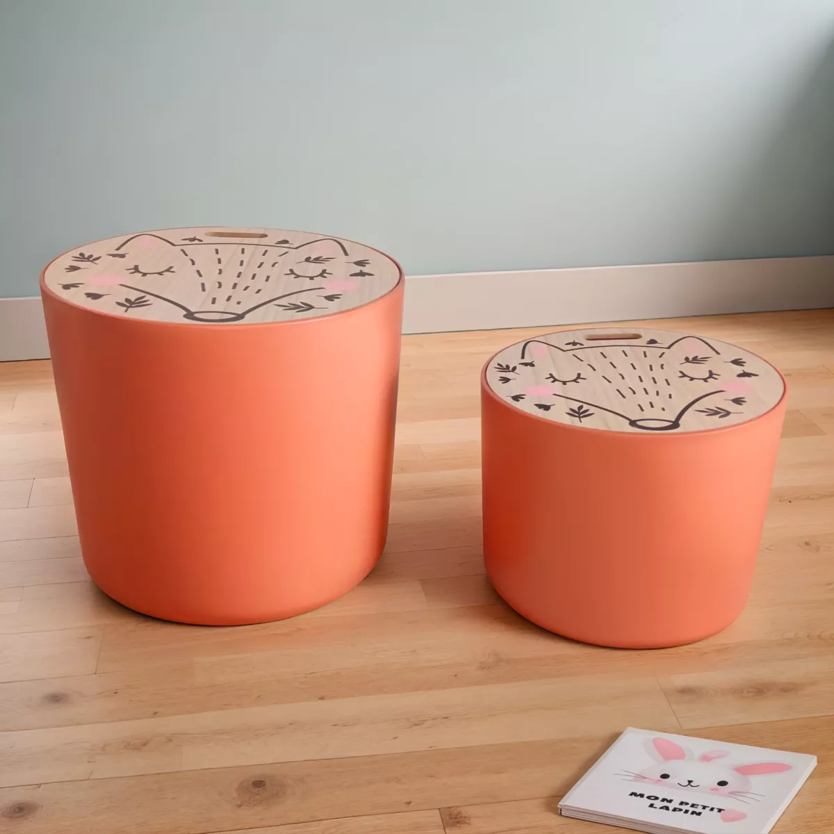 Set di 2 pouf contenitori bambini legno (Alt 31 e 24 cm) Volpacchiotto Terracotta