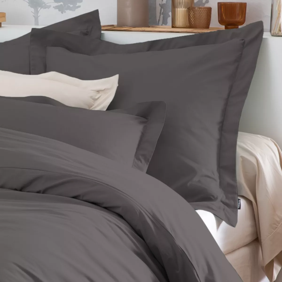 Taie d'oreiller carrée percale de coton (80 x 80 cm) Cali Gris anthracite