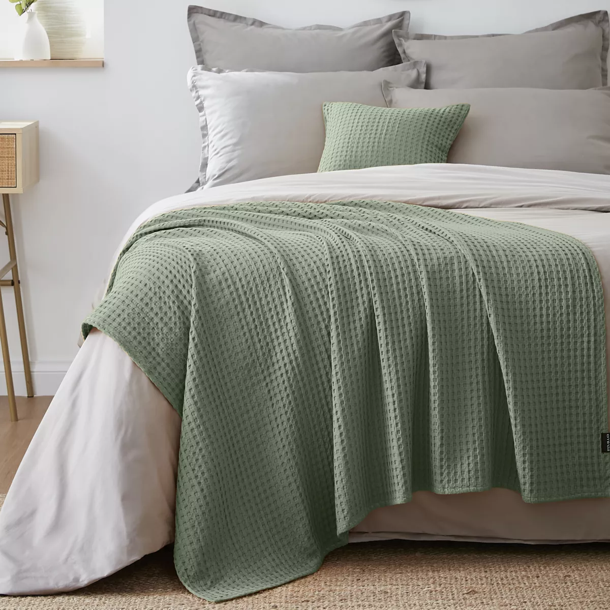 Jeté de lit coton nid d'abeille (130 x 160 cm) Maya Vert romarin