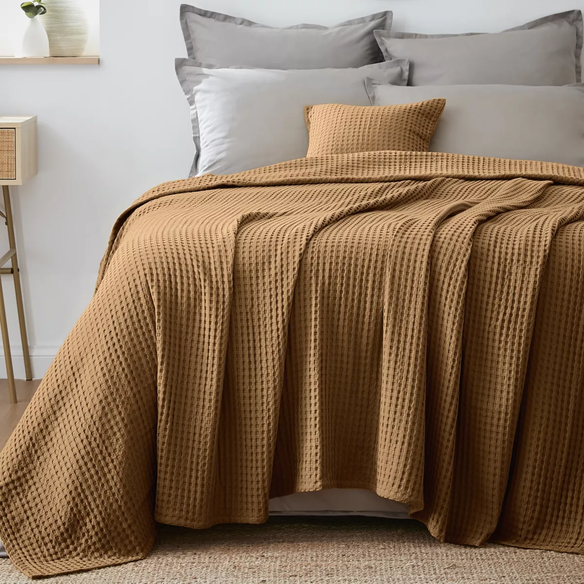 Katoenen honingraat bedsprei (180 x 220 cm) Maya Camel