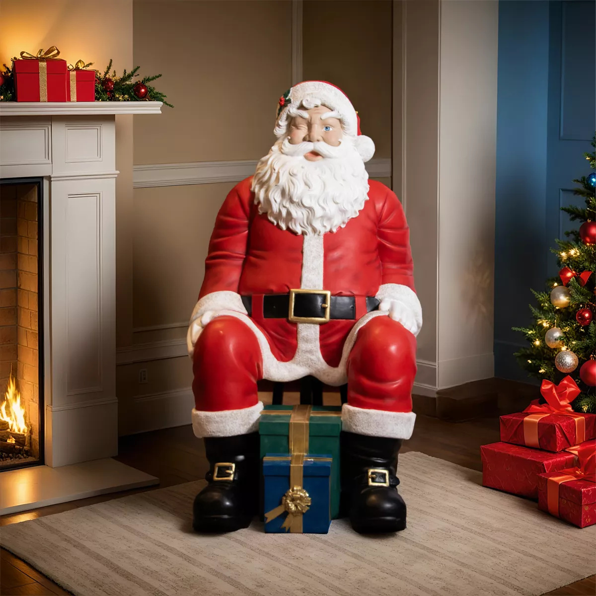 Père Noël traditionnel Géant (H137 cm) Klaus assis et les cadeaux