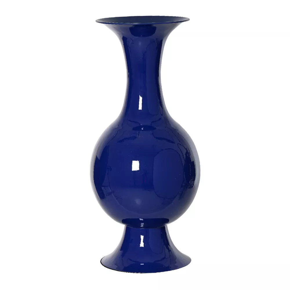 Große handgemachte Vase aus emailliertem Metall (H56 cm) Soléa Königsblau glänzend