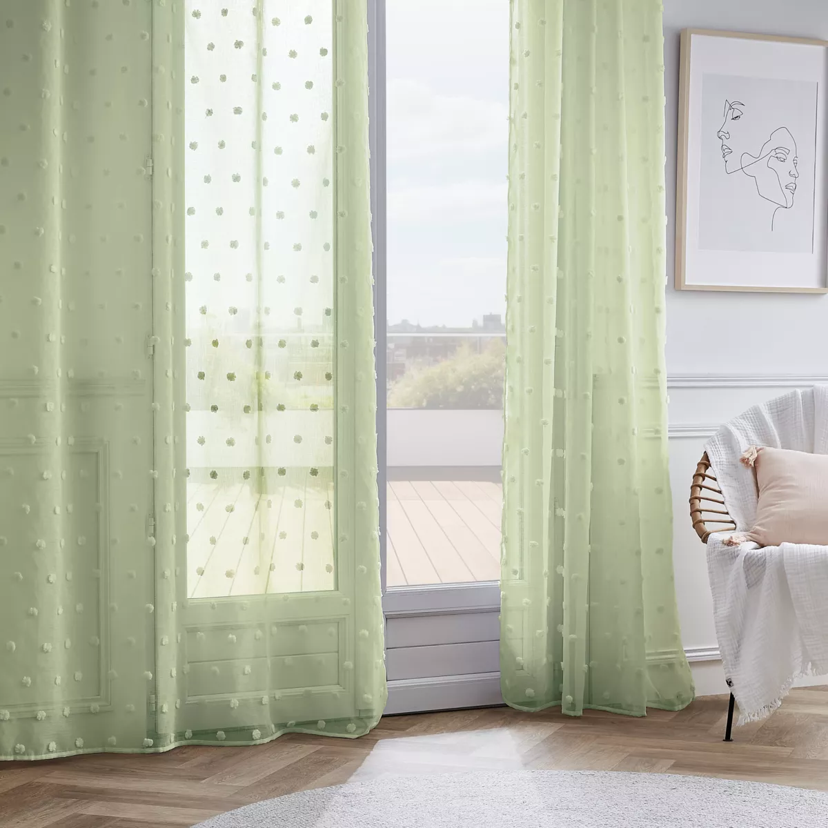 Voilage oeillets pompons (140 x 240 cm) Emie Vert d'eau