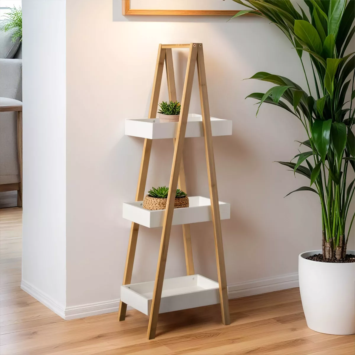 Holz- und Bambusregal (H84 cm) Pyramide 3 Ebenen Weiß