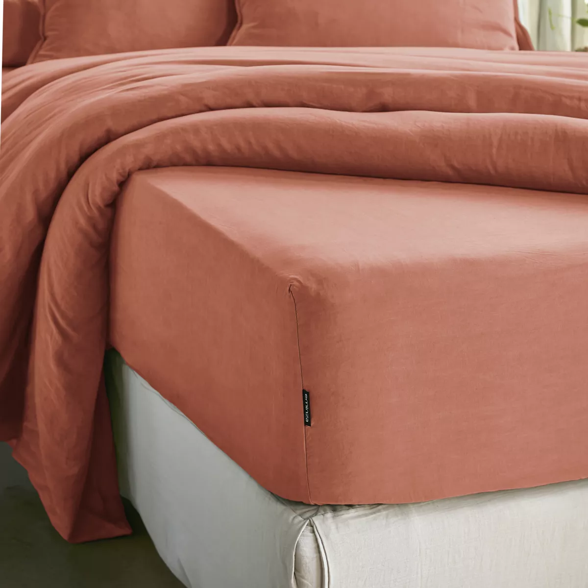 Drap housse lyocell Tencel™ lavé (200 x 200 cm) Olivia Terracotta