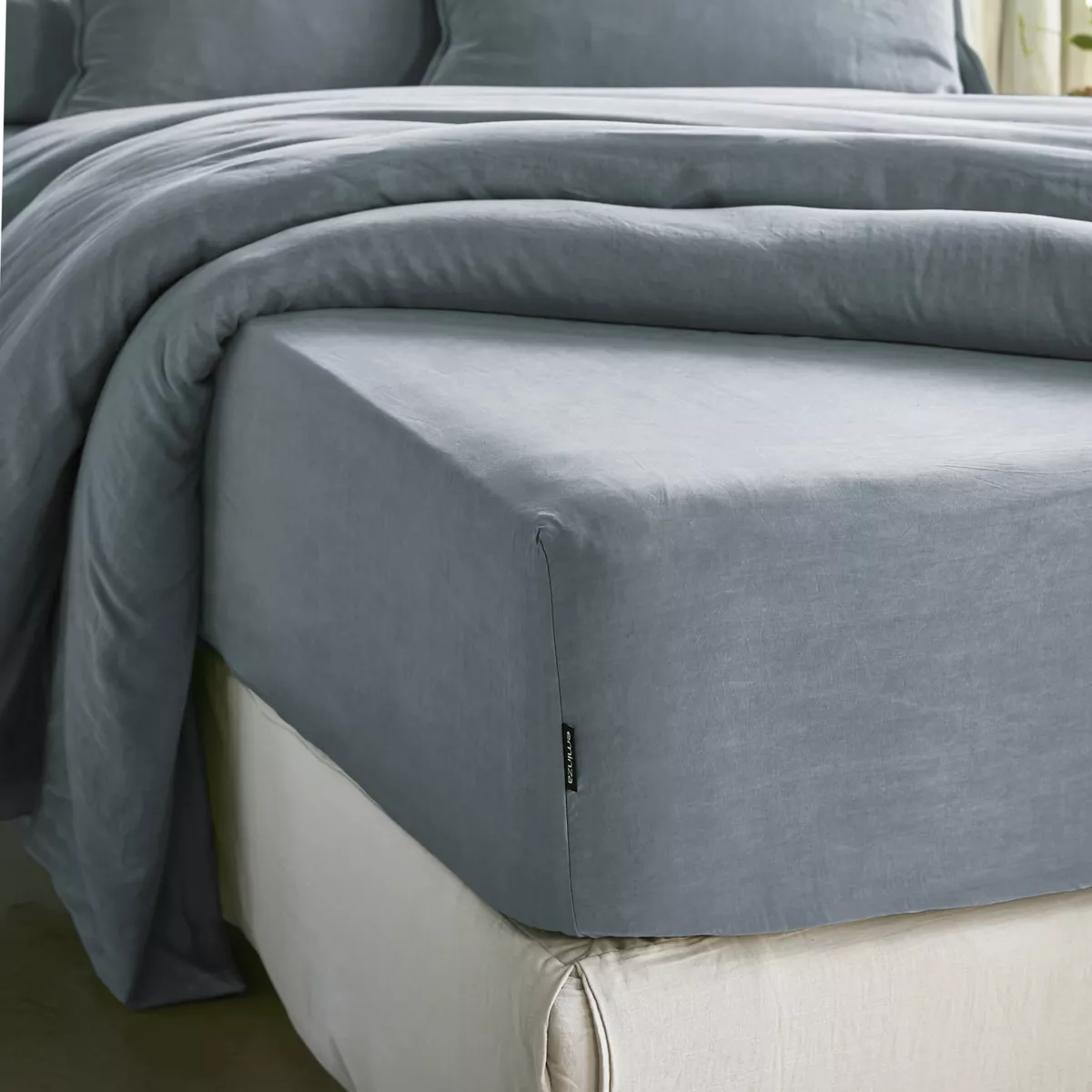 Drap housse lyocell Tencel™ lavé (200 x 200 cm) Olivia Bleu stone