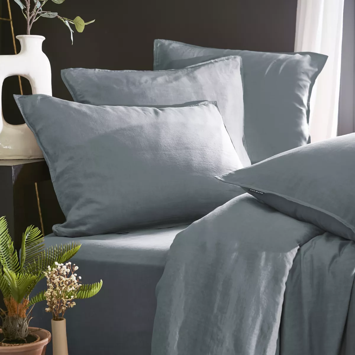 Drap housse lyocell Tencel™ lavé (90 x 190 cm) Olivia Bleu stone