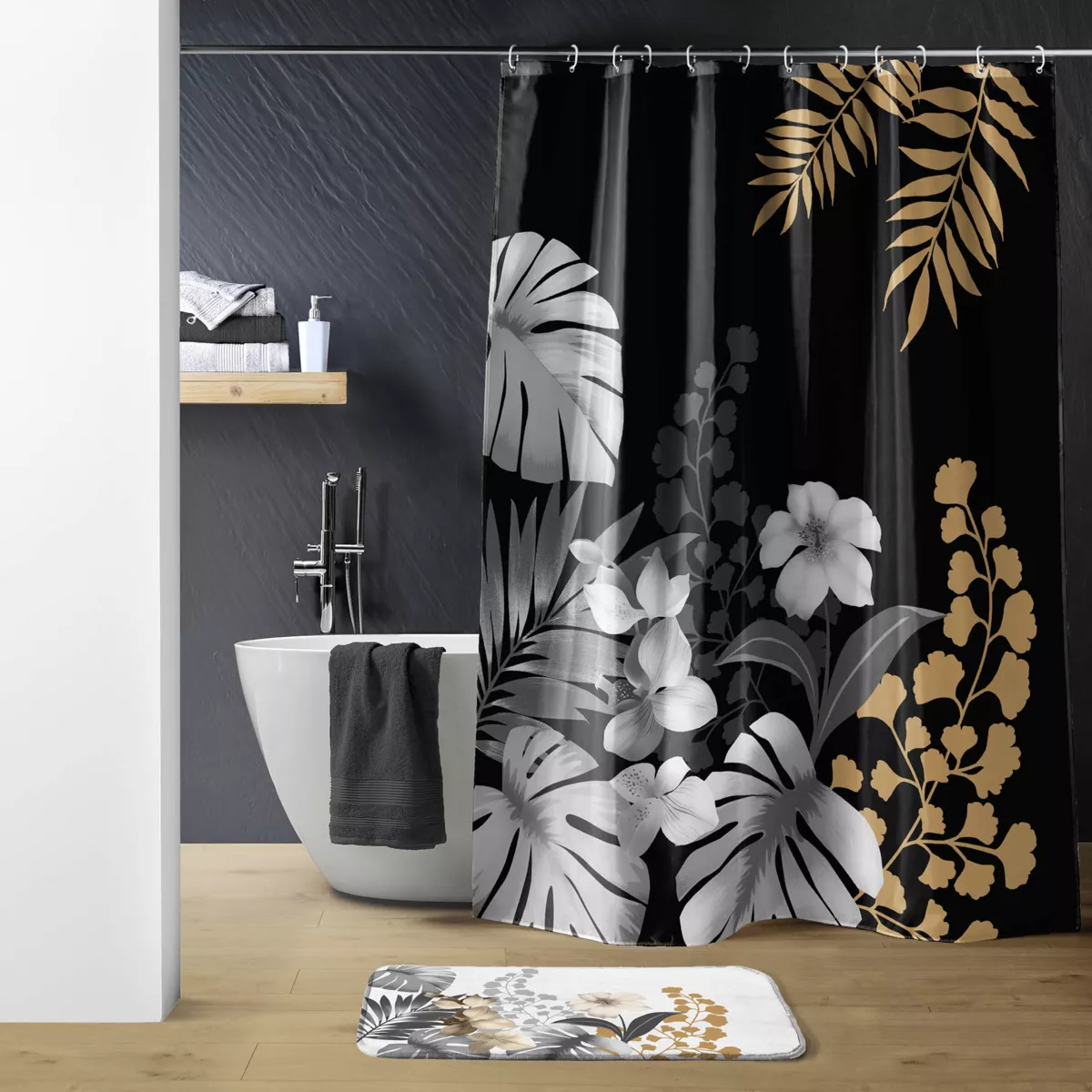 Rideau de Douche avec Crochets (180 x 200 cm) Kelly Noir, Polyester ImprimŽ
