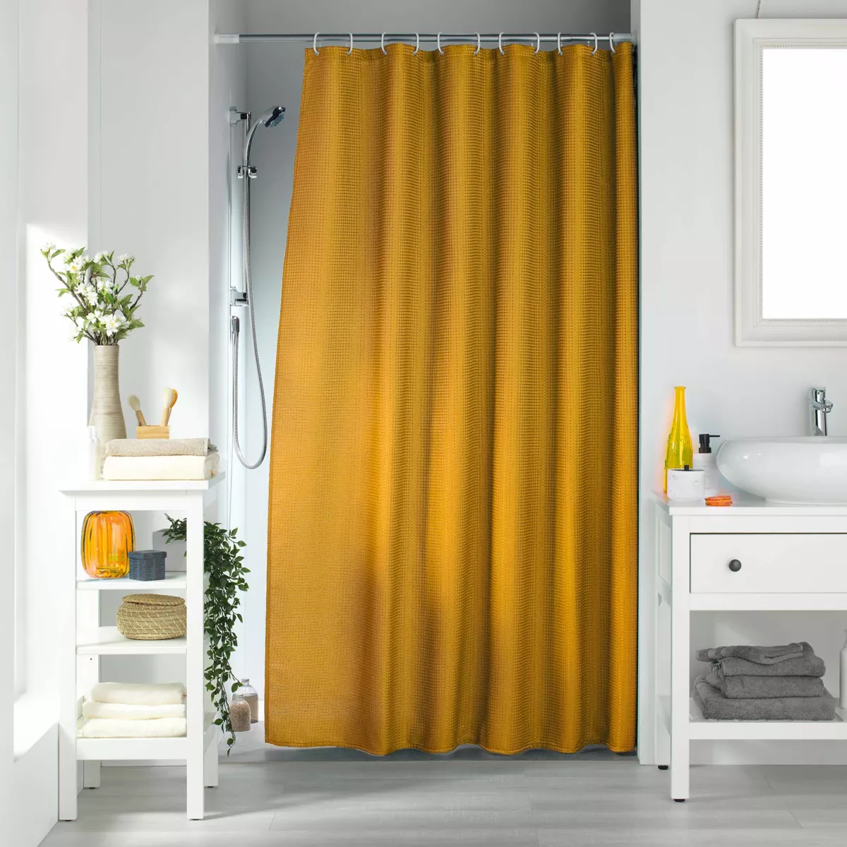 Rideau de Douche avec Crochets (180 x 200 cm) Quartz Ocre, Jacquard