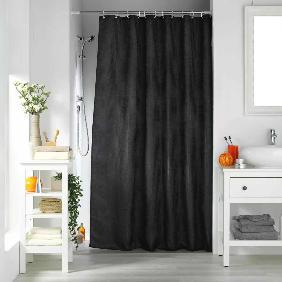 Rideau de Douche avec Crochets (180 x 200 cm) Quartz Noir, Jacquard