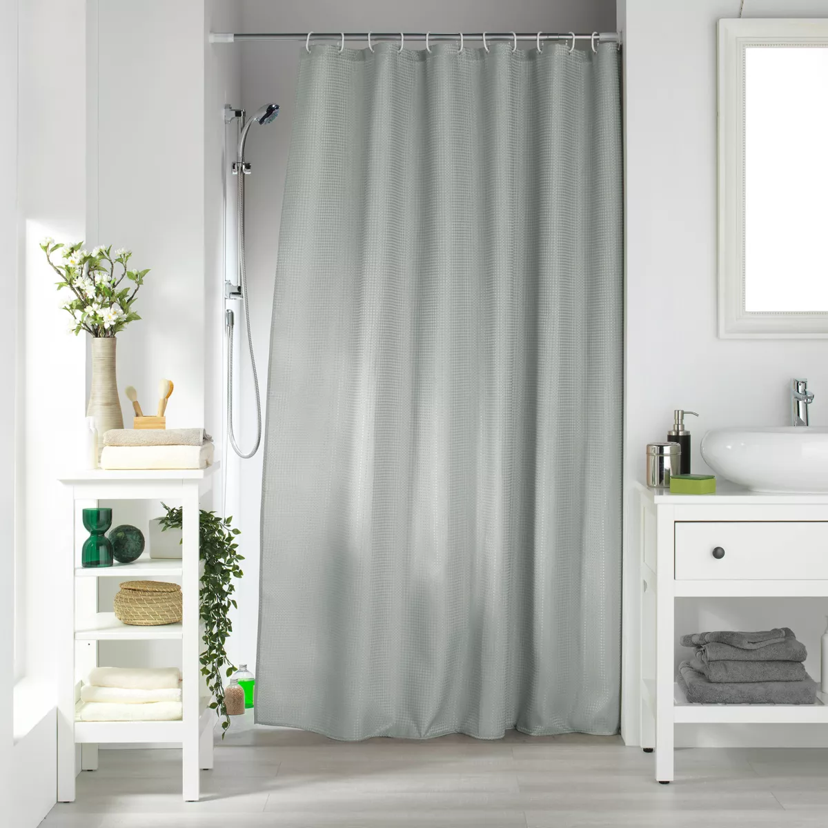Rideau de Douche avec Crochets (180 x 200 cm) Quartz Gris Clair, Jacquard