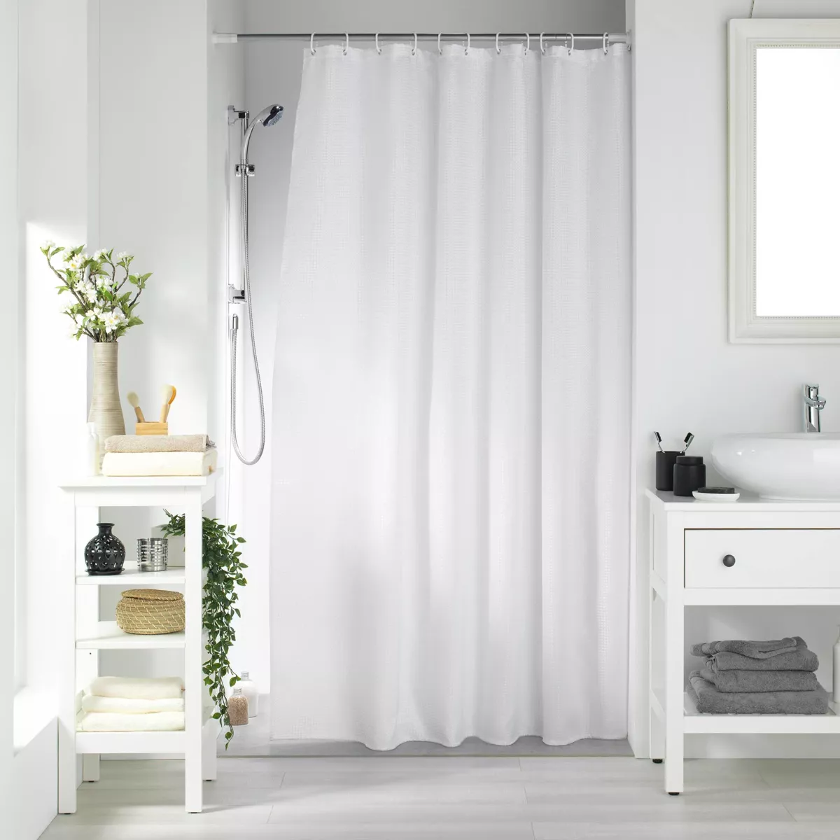 Cortina de ducha con efecto tejido y anillas (180 x 200 cm) Cuarzo Blanco