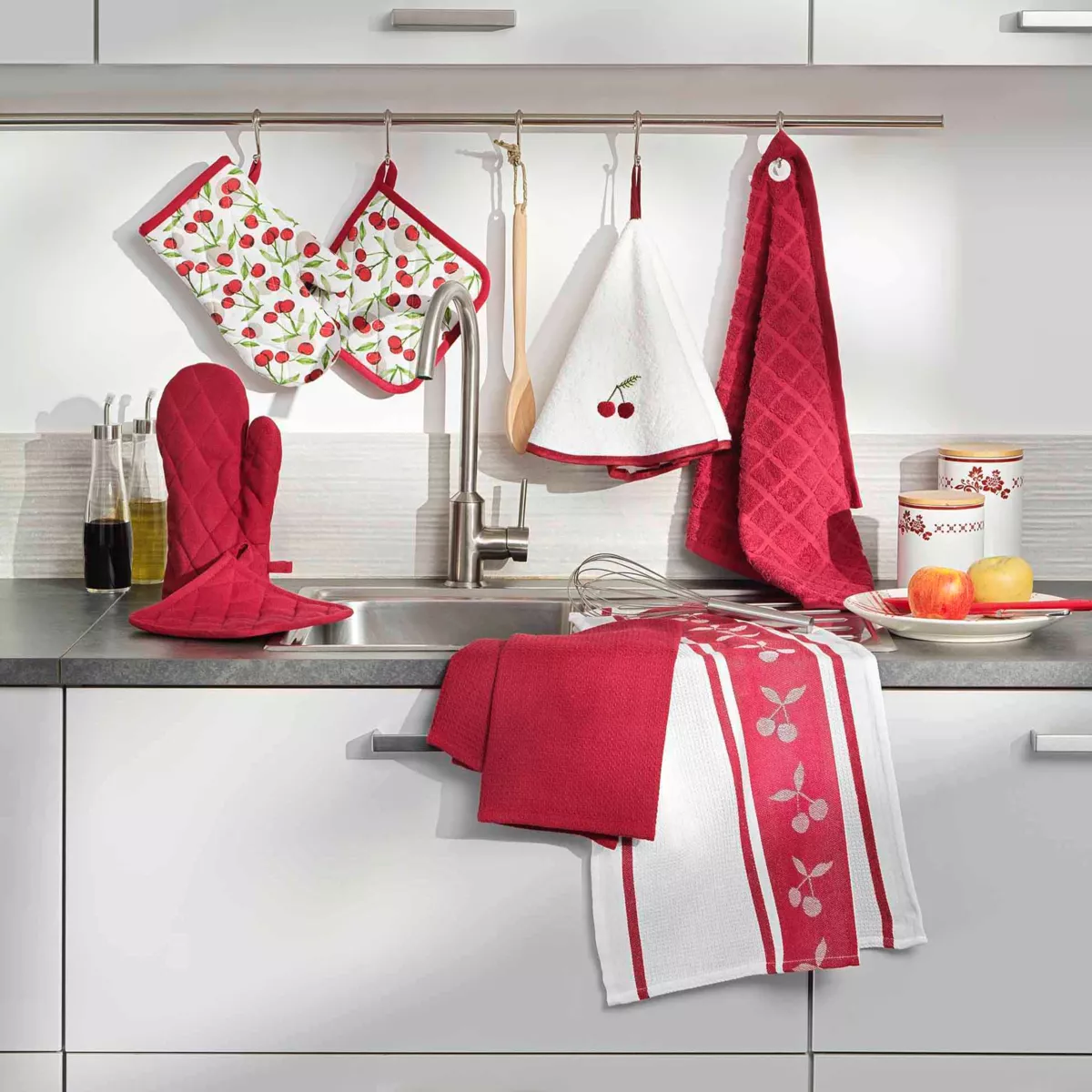 2 Torchons (50 x 70 cm) Cerisette Rubis, Coton / Polyester Nid d'Abeille