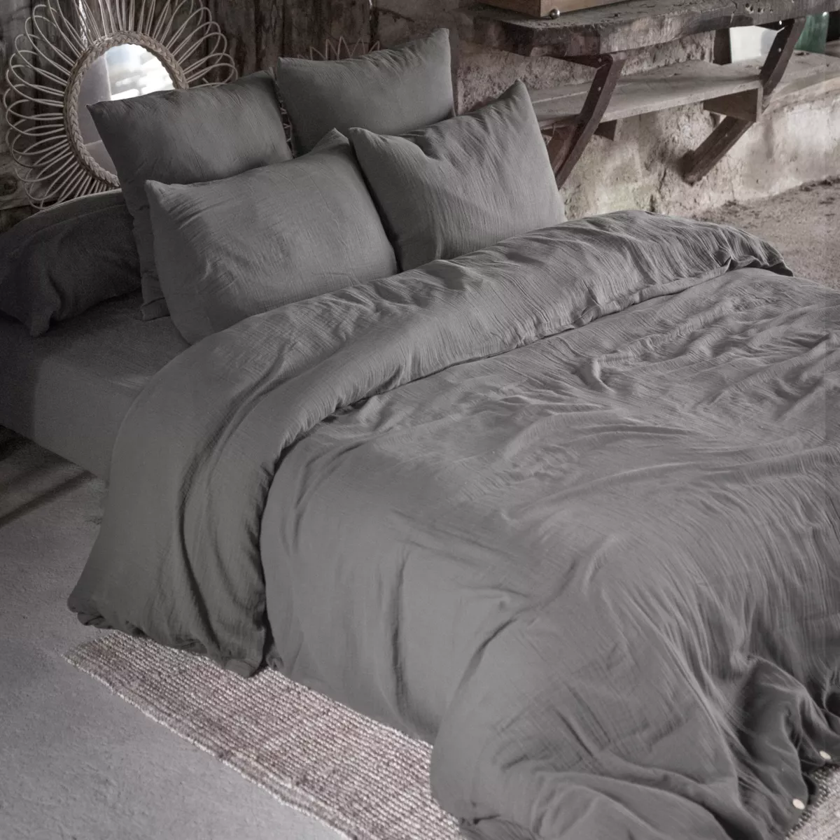 Taie d'oreiller rectangulaire gaze de coton (L80 cm) Gaïa Gris granit 2