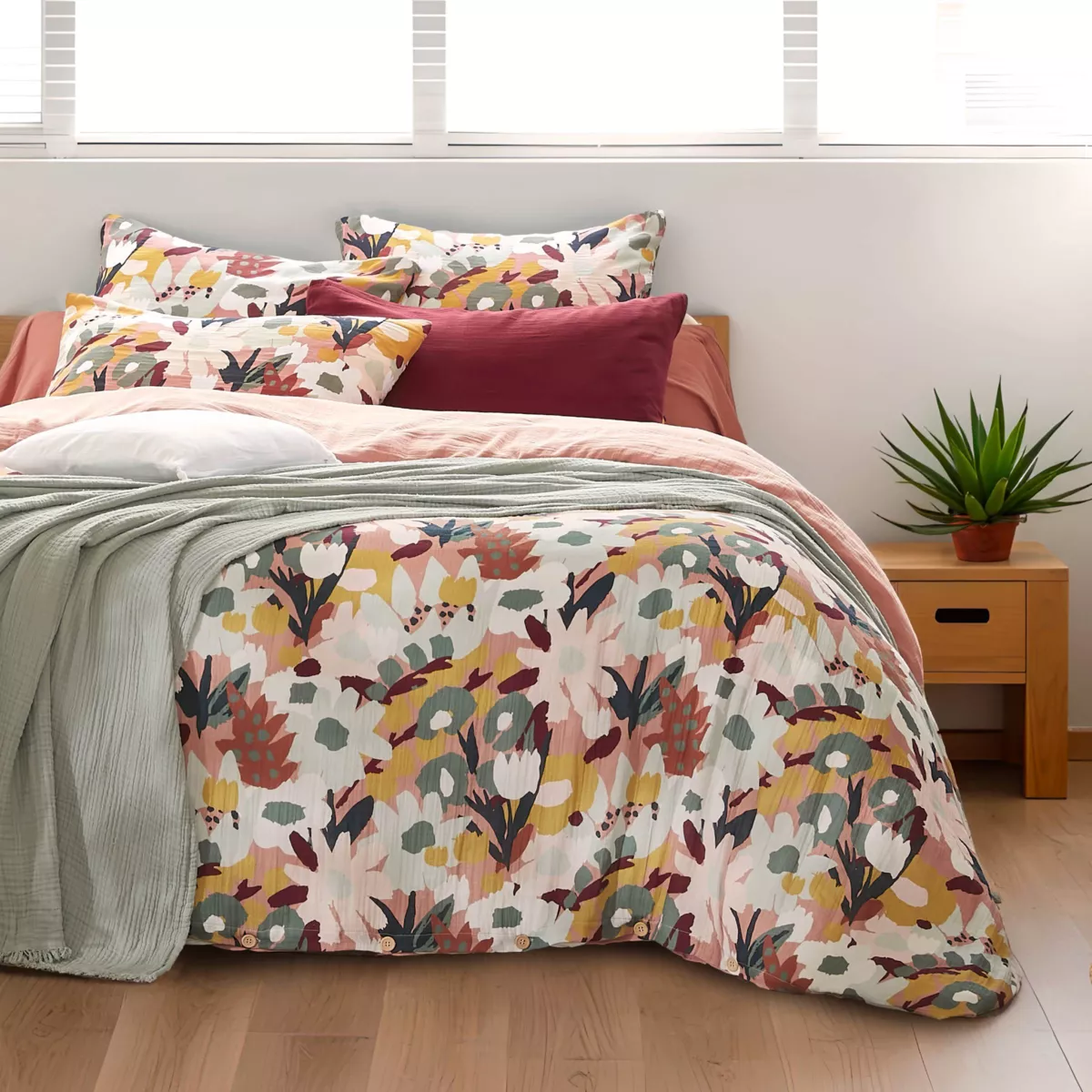 EM - Housse de couette rŽversible 200 x 200 cm Gaze de coton imprimŽe AZEL Rose pche