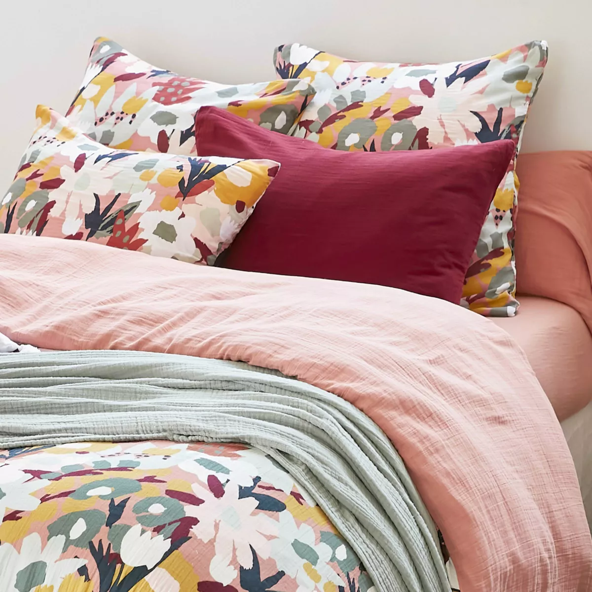 EM - Housse de couette rŽversible 200 x 200 cm Gaze de coton imprimŽe AZEL Rose pche