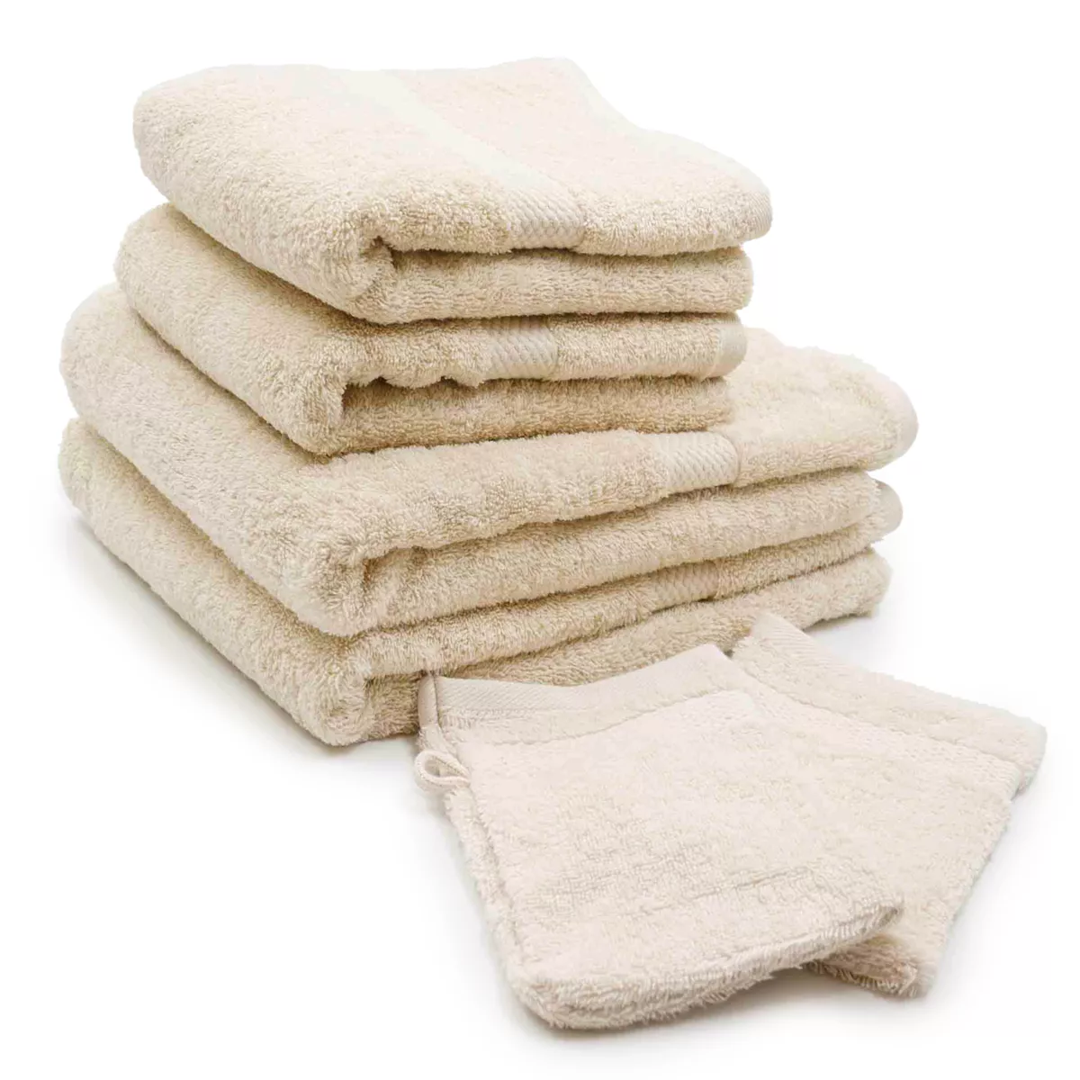 Lot de 2 gants de toilettes coton (15 x 21 cm) + 2 serviettes de bain coton (50 x 90 cm) + 2 serviettes de bain coton (70 x 1