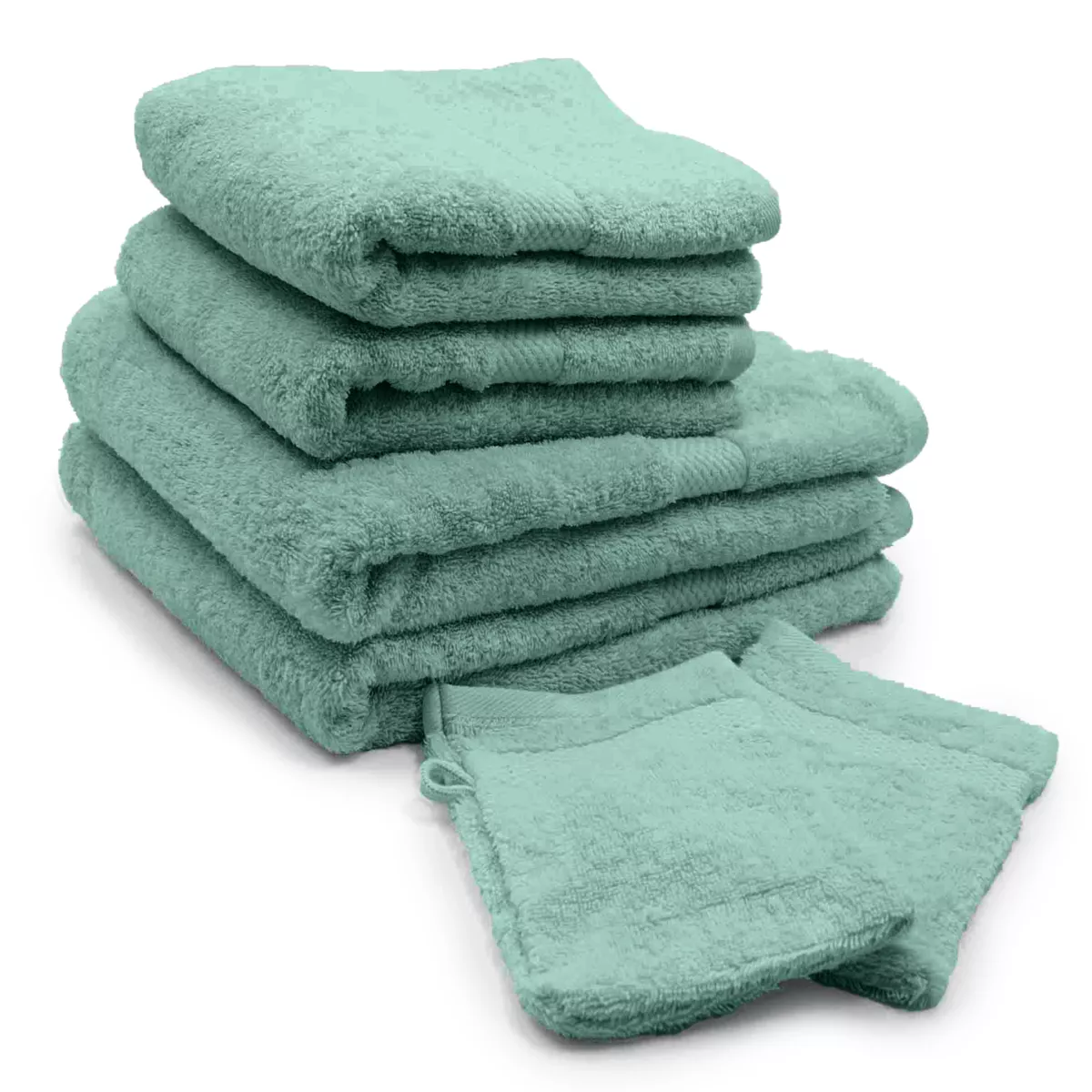 Lot de 2 gants de toilettes coton (15 x 21 cm) + 2 serviettes de bain coton (50 x 90 cm) + 2 serviettes de bain coton (70 x 1