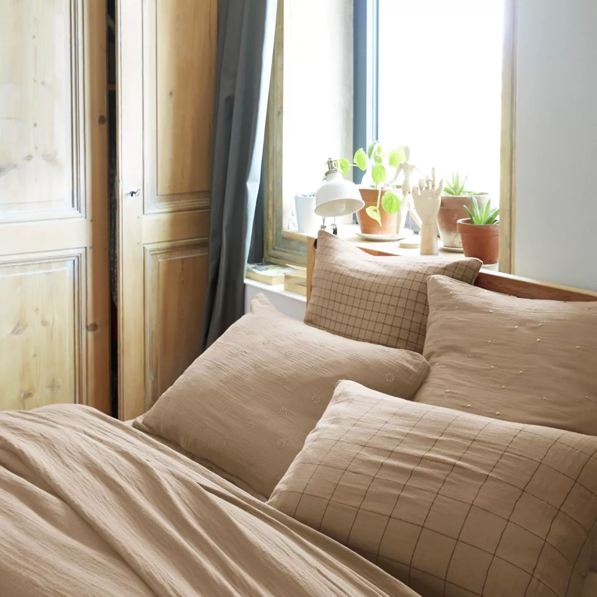 Taie d'oreiller rectangulaire gaze de coton (50 x 70 cm) Gaïa Match Marron Ficelle