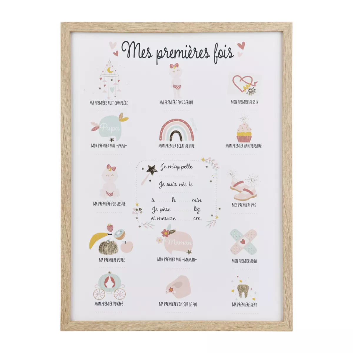 Wandbild Meilensteine für Kinderzimmer mit Stift (30 x 40 cm) Mes premières fois Lila Beige