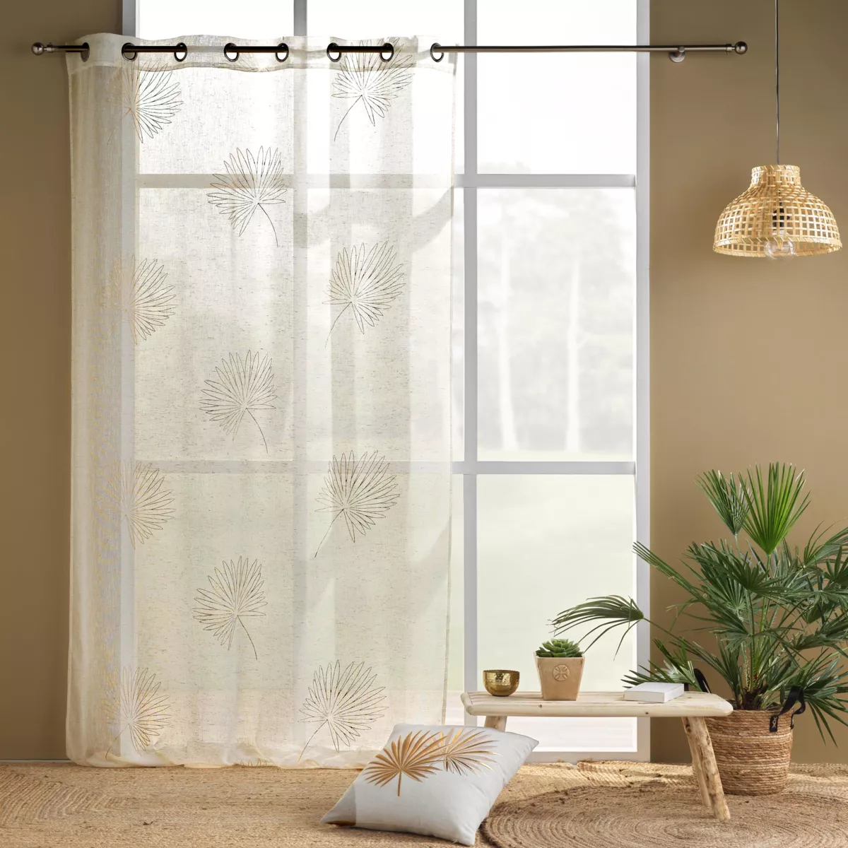 Tenda trasparente con occhielli (140 x 240 cm) Lotus Beige