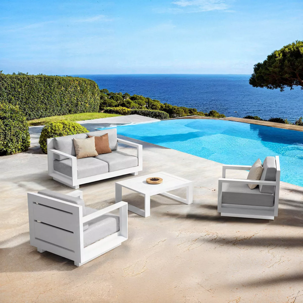 SALON DE JARDIN ELBA 4 PLACES STRUCTURE BLANC ET COUSSINS GRIS NUAGE