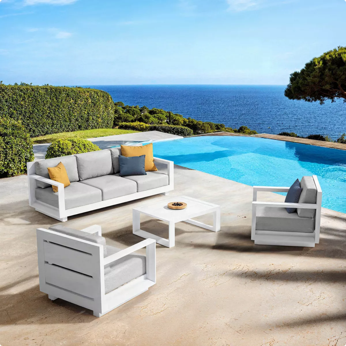 SALON DE JARDIN ELBA 5 PLACES STRUCTURE BLANC ET COUSSINS GRIS NUAGE