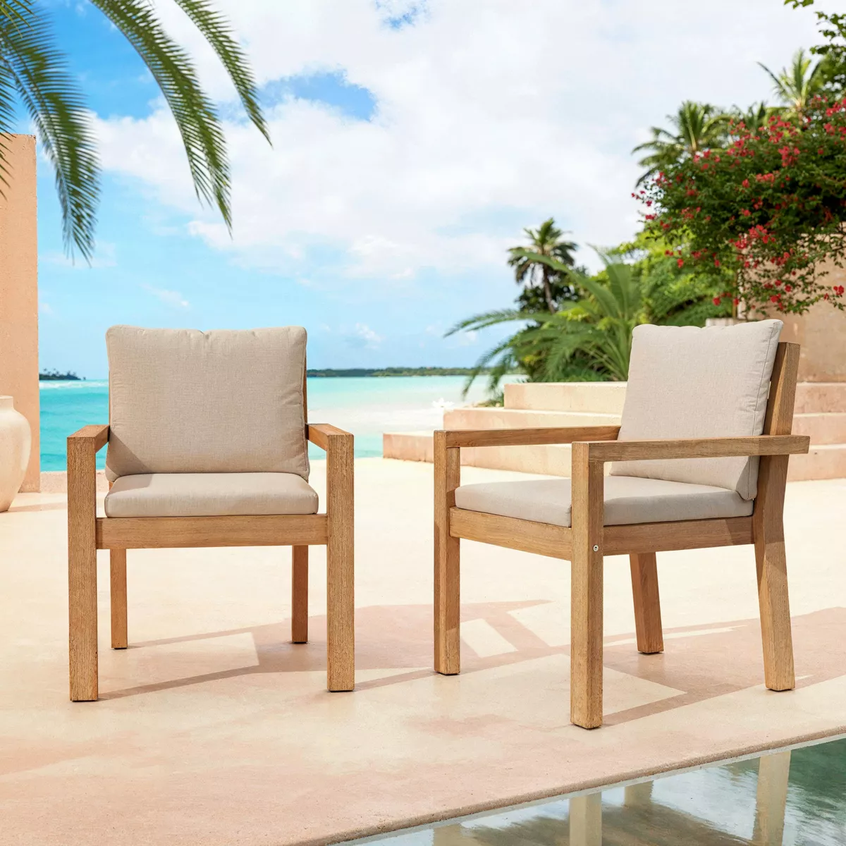 Lote de 2 sillones de jardÃ­n apilables de madera de acacia BornÃ©o Natural