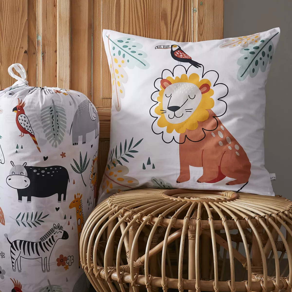 Gedrukte katoenen kinderdekbed en twee kussenslopen (240 x 220 cm) Savanne Meerkleurig