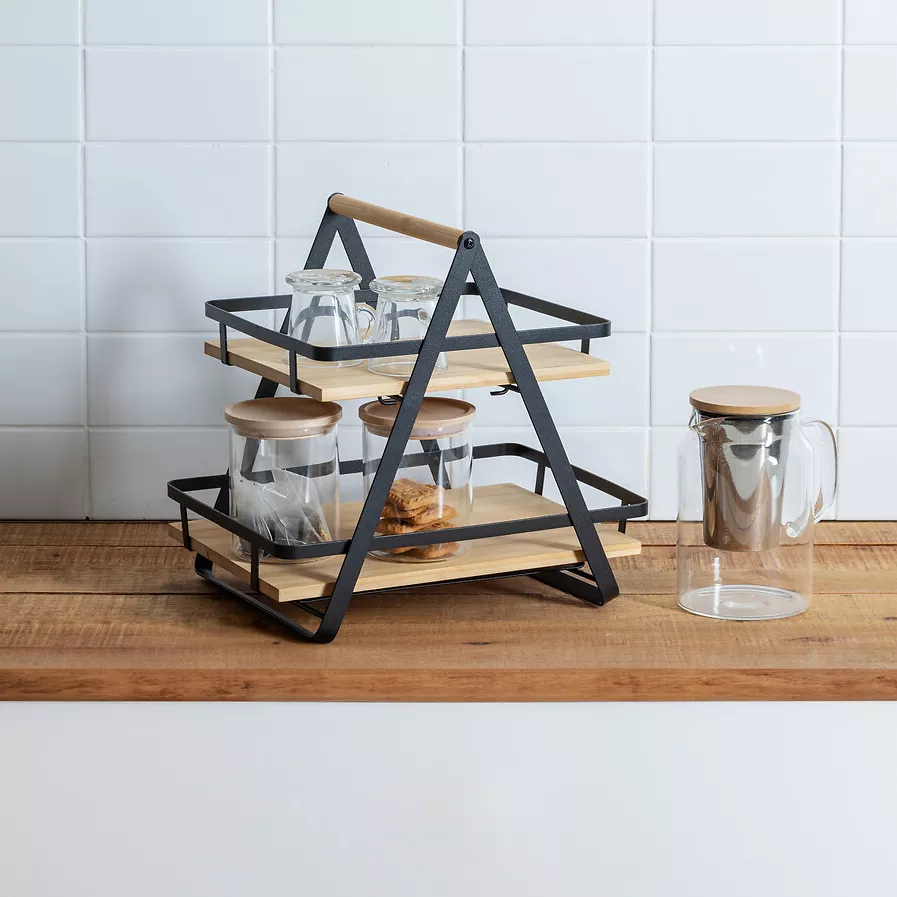 Transportabel træhylde til køkkenet med 2 niveauer og håndtag (H29 cm) Ordera Sort