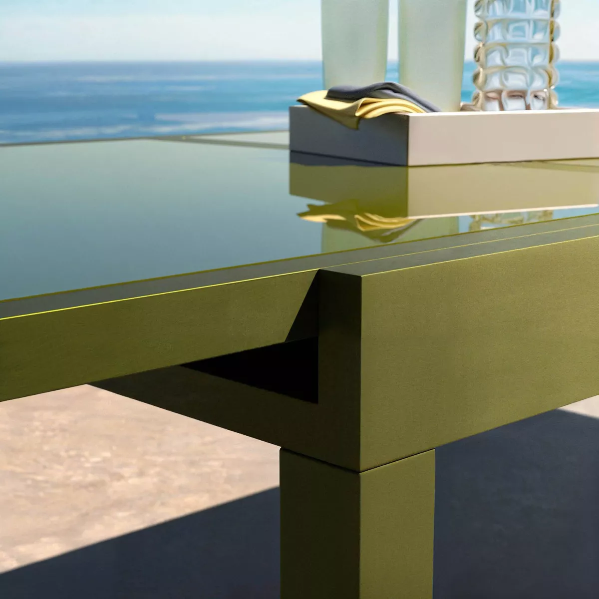 Table de jardin extensible en verre 12 places (200/320 x 100 cm) Murano Vert olive