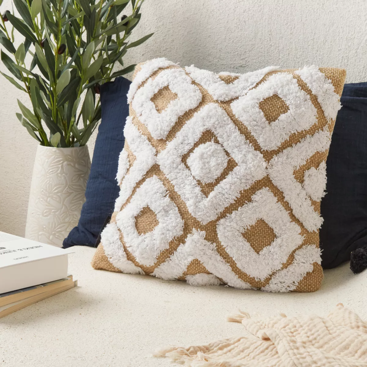 Housse de Coussin (40 x 40 cm) Damia, Jute et Coton TuftŽ