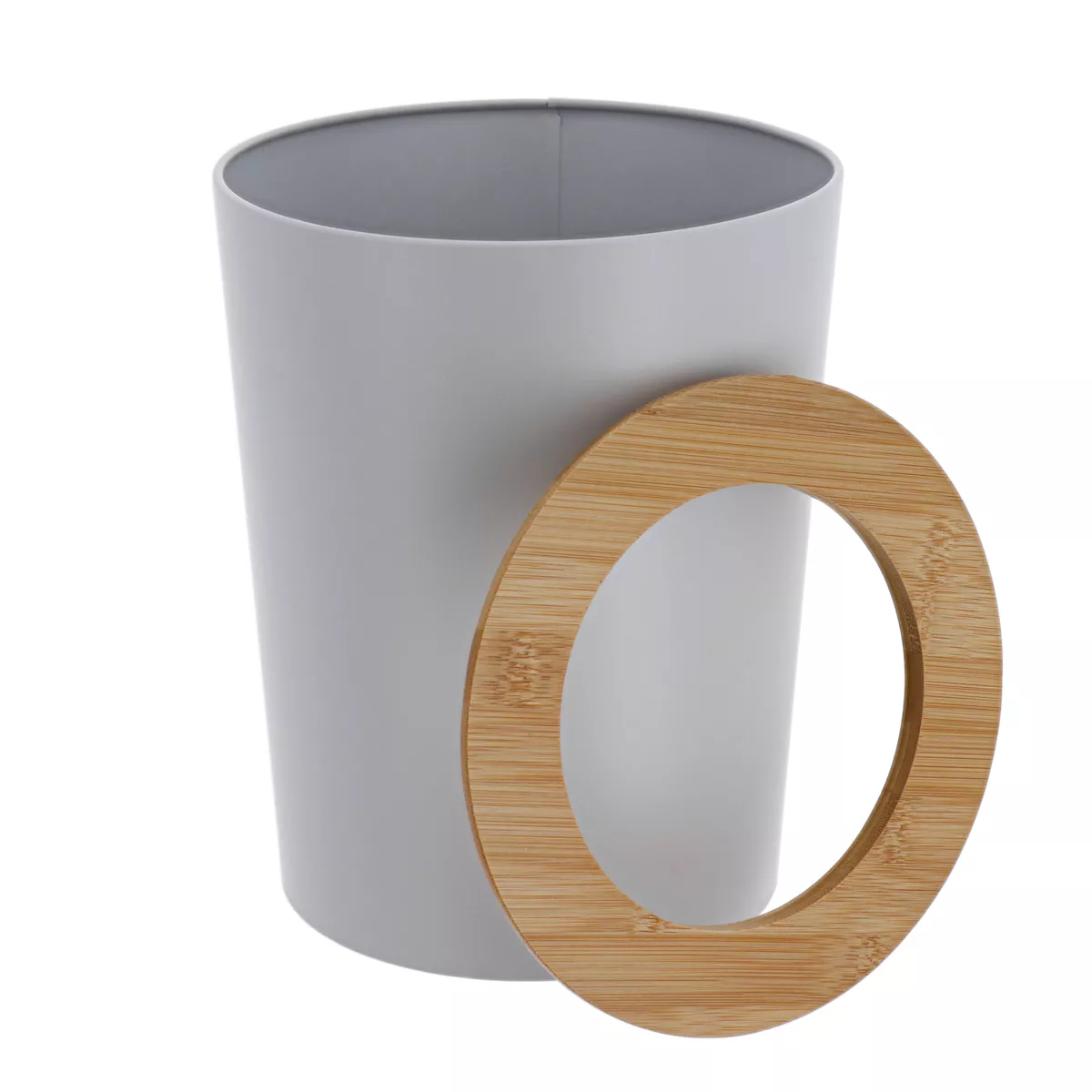 POUBELLE METAL EVASEE AVEC COUVERCLE BAMBOU 5L - GRIS CLAIR/BAMBOU