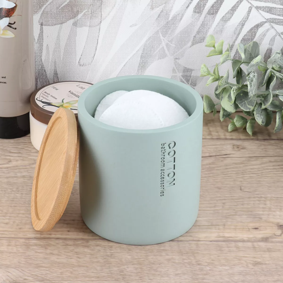 BOITE A COTON POLYRESINE COUVERCLE BAMBOU - VERT EUCALYPTUS/BAMBOU